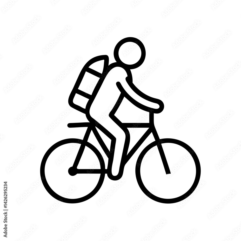 Naklejka premium Stick figure cyclist riding a bicycle with a backpack 