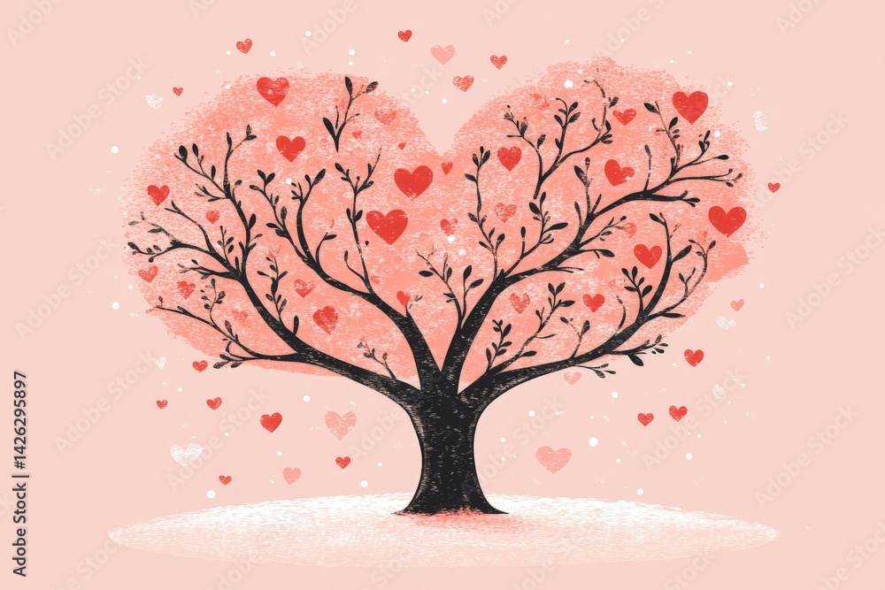 Fototapeta premium Valentine's Day heart-shaped tree with pink background and floating hearts celebrating love and affection