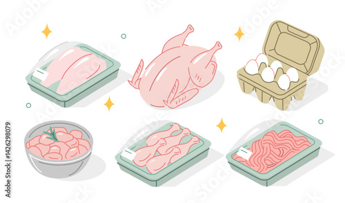 Fresh meat and eggs set. Raw chicken breasts filet, drumsticks, thighs, minced meat and other poultry carcass parts set in supermarket packaging. Healthy eating concept. Isometric vector illustration.