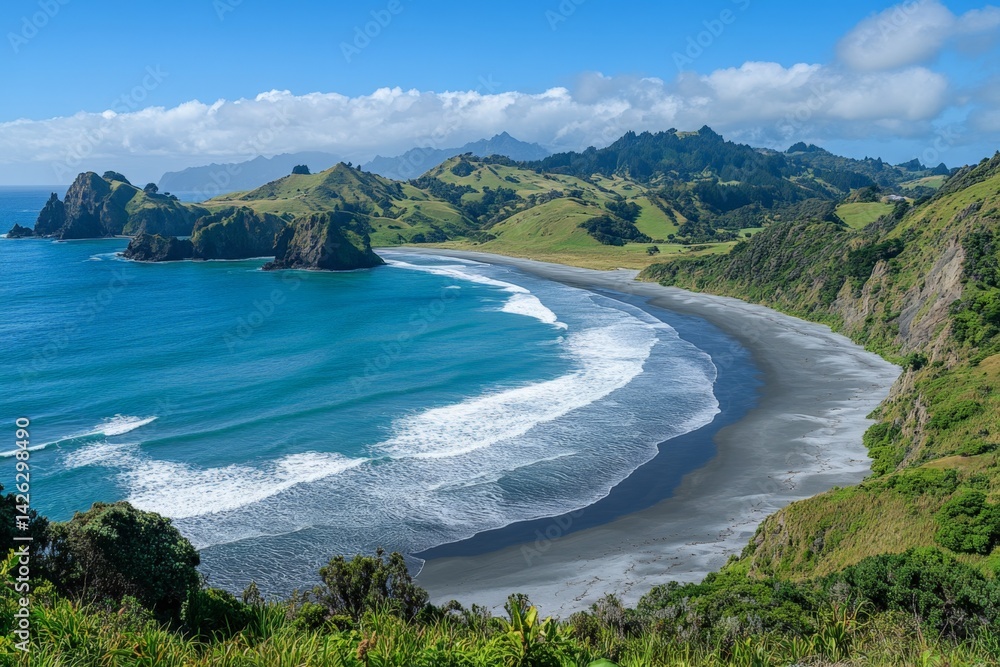 Coastal view of a tranquil beach with waves rolling in and lush green hills on a clear sunny day Coastal view of a tranquil beach with waves rolling in and lush green hills on a clear sunny day