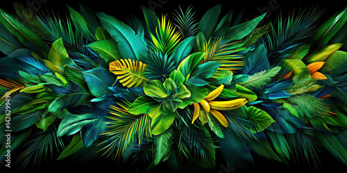 A vibrant collage of tropical leaves and bananas against a deep black background, exemplifying the beauty and diversity of nature's foliage, perfect for wall art or decor.