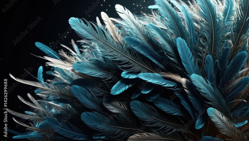 Fototapeta premium Abstract feather cluster in teal and white