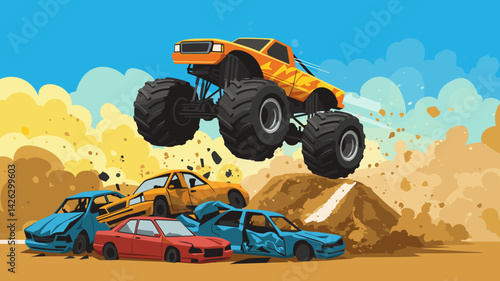 Vector illustration of a monster truck jumping over crushed cars on a vibrant background