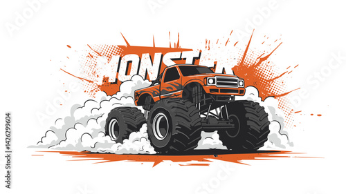 Vector illustration of a monster truck with dynamic splashes and bold text on a striking background