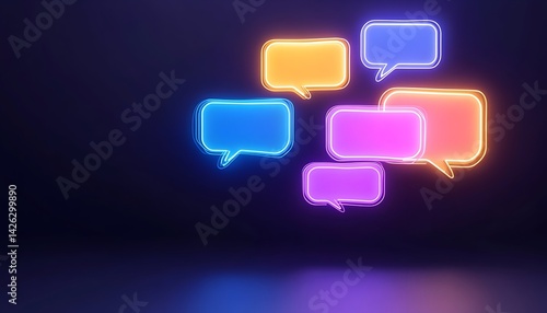 Colorful neon speech bubbles glow on dark background
