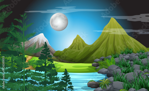 Natural landscape with mountains and trees on the river bank