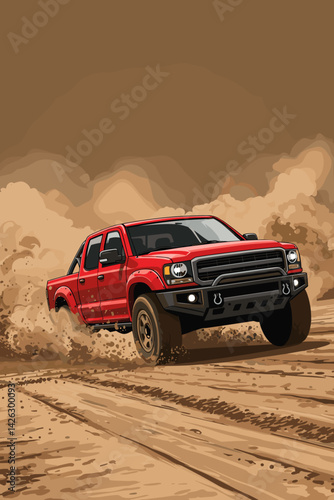 Vector illustration of a red off-road pickup truck accelerating through dirt with dust clouds on a warm background
