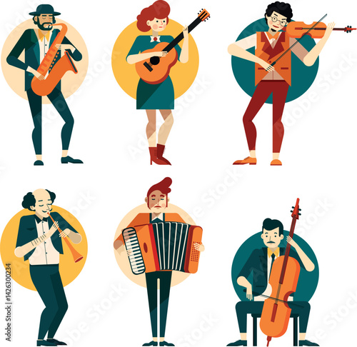 set of musicians characters vector with music instruments olo artist, duet band members sheet music