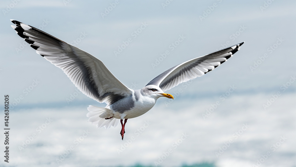 Seagull With Outstretched Wings Soaring Against A Light Blue Sky Above The Ocean Seagull With Outstretched Wings Soaring Against A Light Blue Sky Above The Ocean