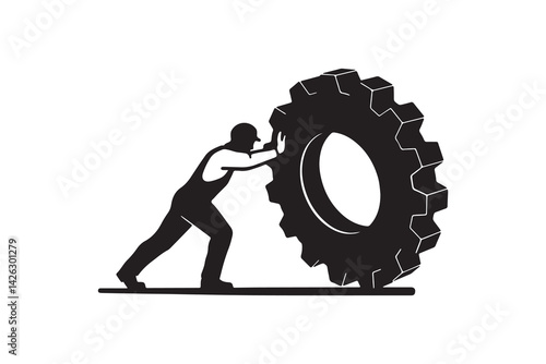 Silhouette of Man Pushing a Large Gear Wheel Vector