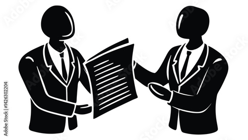 Businessmen exchanging documents collaboration agreement review and negotiation in black and white