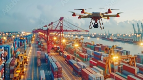 Advanced drone hovering above mega port inspecting shipments for quality control at night. Large cranes, cargo containers, and industrial harbor infrastructure reflecting modern logistics technology.