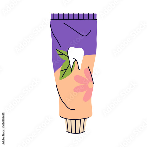 Toothpaste tube isolated. Vector icon of dental care or oral hygiene product. Paste for teeth and dental health. Mouth and gum, enamel gel. Accessory for tooth brushing. Daily routine and dentistry.