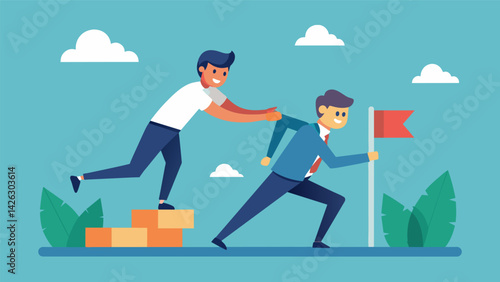 A team member sacrificing their own time to help a struggling teammate complete an exhausting obstacle.. Vector illustration