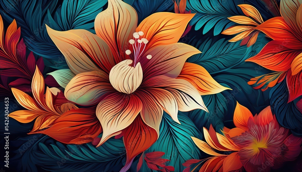 Vibrant Tropical Blooms Animate a Stunning Floral Pattern Wallpaper, Infusing Exotic Allure and Invigorating Energy into any Space. Vibrant Tropical Blooms Animate a Stunning Floral Pattern Wallpaper, Infusing Exotic Allure and Invigorating Energy into any Space.