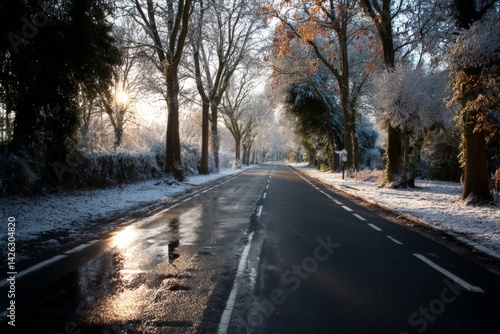 Snowy winter landscape with trees lining a quiet road at sunrise
