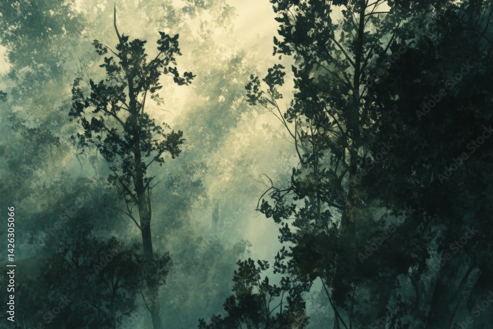 Fototapeta premium Misty forest landscape with tall trees and soft light during early morning hours
