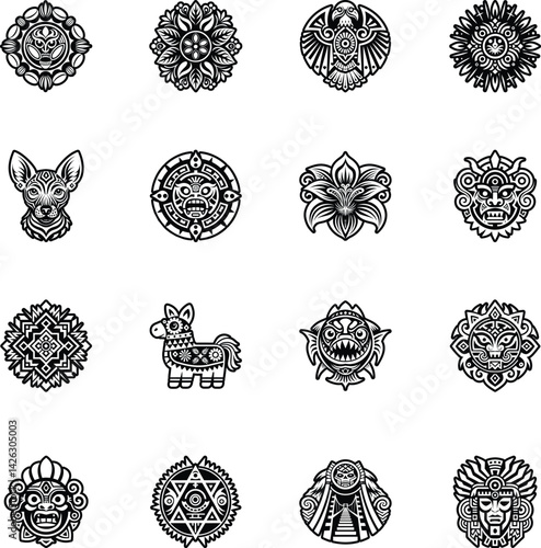 Collection of Filled Style Peru Tattoo Art Icons 

