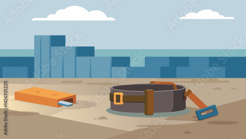 A wornout tool belt lies on the ground next to a halffinished concrete structure waiting to be picked up and put to work again.. Vector illustration