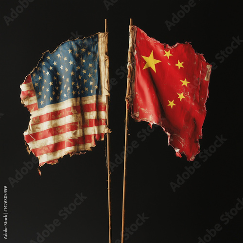Obraz na płótnie Bandeiras dos Estados Unidos e da China sobre fundo preto, simbolizando a tensão comercial entre as duas potências globais, refletindo o cenário de conflitos econômicos e geopolíticos w salonie