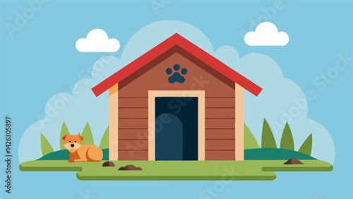A custombuilt dog house with a selfcleaning floor that collects and disposes of pet waste.. Vector illustration