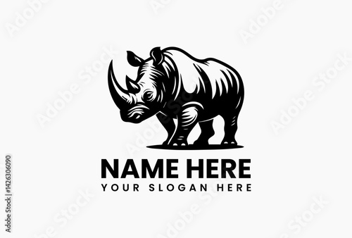 Strong black rhino silhouette with prominent horn, conservation-focused logo template for wildlife organizations