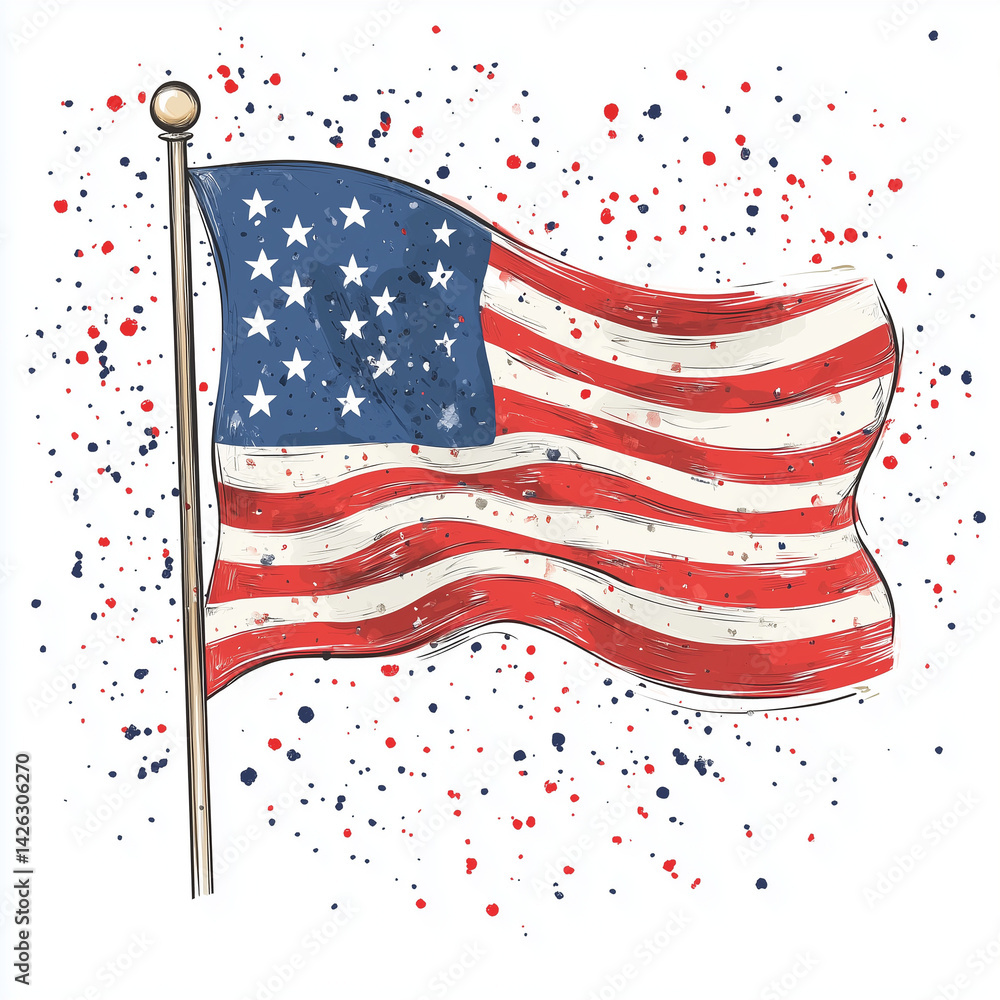 Bandeira dos EUA com fundo branco, destacando suas cores vibrantes e simbolismo patriótico. A imagem é perfeita para representar a América, o orgulho nacional e eventos como o Dia da Independência
