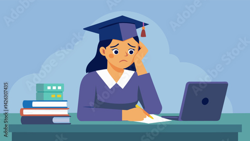 A young woman in a graduation cap sits at a desk with a calculator and a stack of bills stressed and overwhelmed by the amount of student debt she. Vector illustration