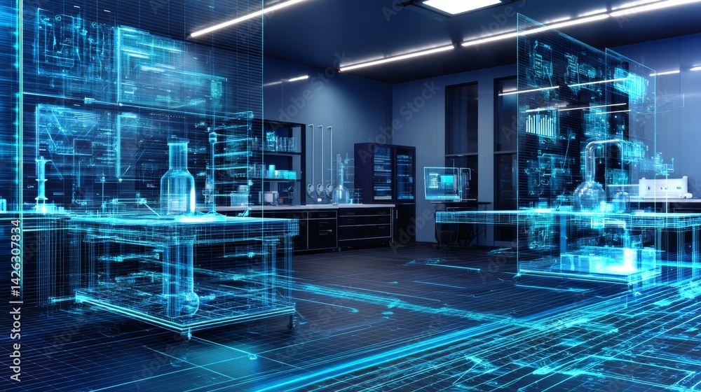 Detailed holographic projections enhance futuristic laboratory environment for advanced engineering