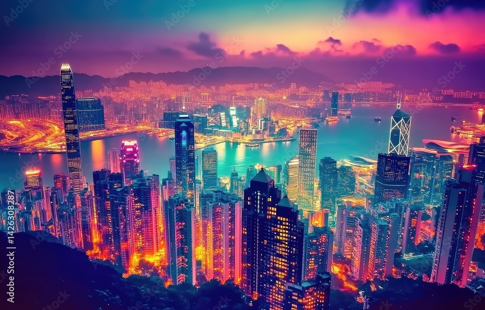 Obraz premium Vibrant cityscape at twilight, illuminated skyscrapers, harbor views, mountains in background