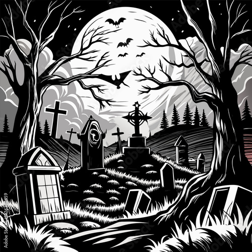 Spooky Graveyard Scene with Full Moon, Bats, and Tombstones in Black and White