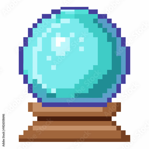 Retro Pixel Art Crystal Ball on Wooden Base  Illustration