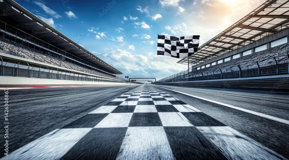 Naklejka premium Race track finish line, checkered flag waving under a sunny sky. Grandstands flank the asphalt