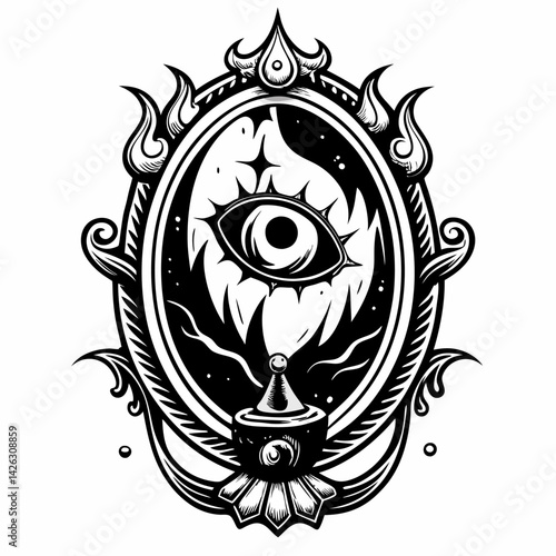 Ornate Mystical Eye in Fiery Frame Black and White  Illustration