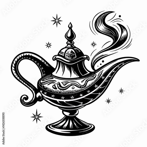 Vintage Genie Lamp Illustration with Magical Smoke and Stars