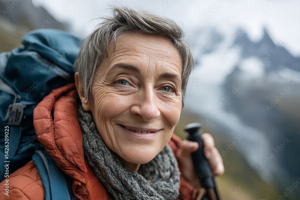 Smiling woman with short hair in hiking gear against mountain backdrop, enjoying outdoor adventure Smiling woman with short hair in hiking gear against mountain backdrop, enjoying outdoor adventure