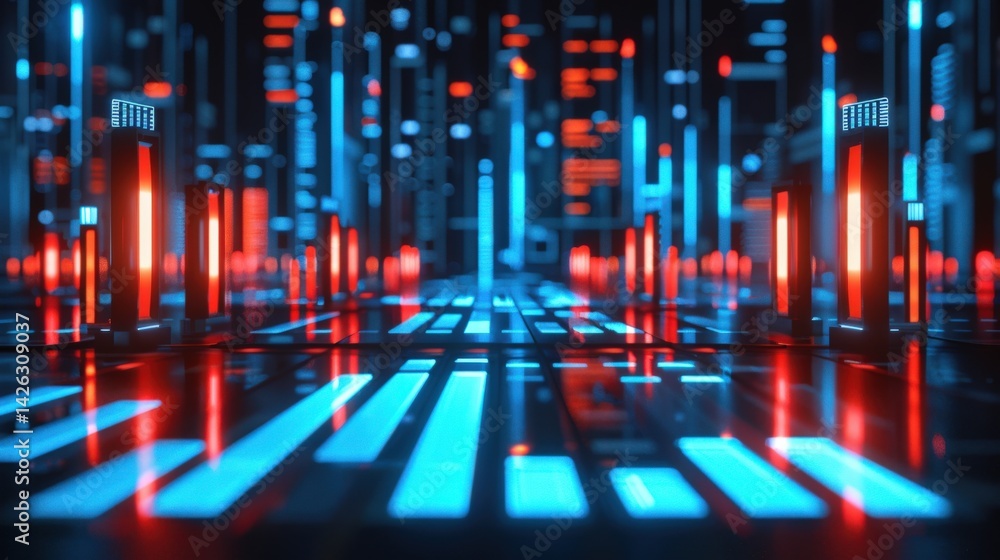 Futuristic glowing neon cityscape with vibrant blue and red lights arranged in a symmetrical grid pattern, reflecting digital technology and urban sci-fi aesthetics in a 3D perspective. Futuristic glowing neon cityscape with vibrant blue and red lights arranged in a symmetrical grid pattern, reflecting digital technology and urban sci-fi aesthetics in a 3D perspective.