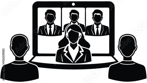 Black and white illustration of a video conference meeting with participants on laptop