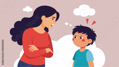 A mother takes a moment to compose herself before responding to her childs disrespectful behavior choosing her words carefully and without anger.. Vector illustration