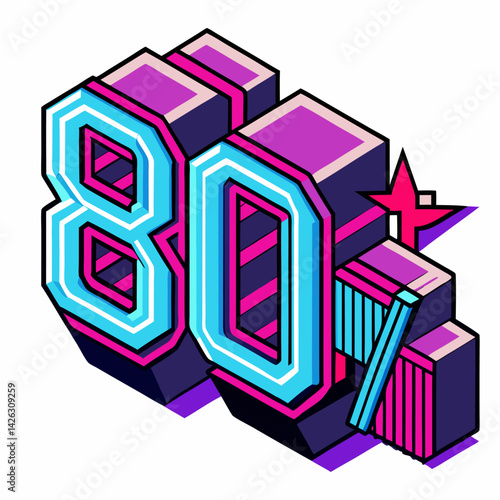 Bold Retro 3D Isometric 80% Off Discount  Illustration for Sale and Marketing Promotions