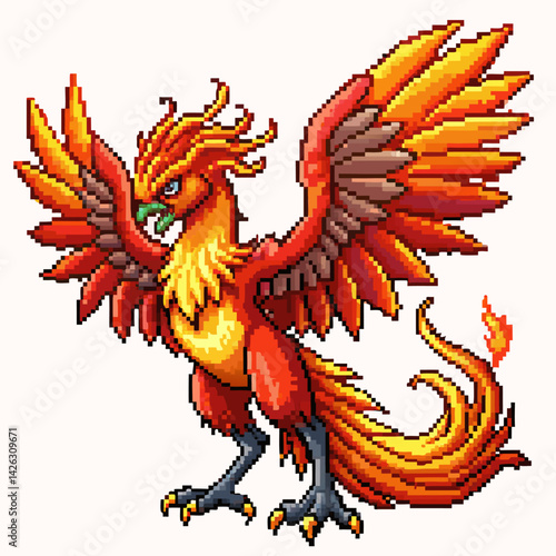Vibrant Pixel Art Phoenix with Fiery Feathers and Majestic Wings