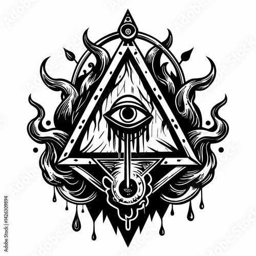 Mystical All Seeing Eye within Triangle Surrounded by Flames and Drips in Black and White Illustration