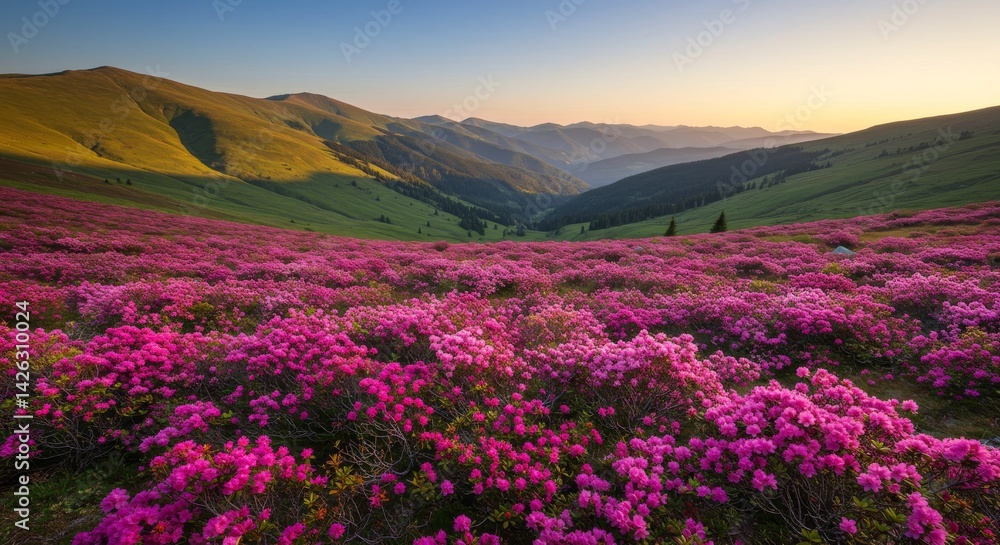 Obraz premium Rhododendron Bloom in Mountain Valley at Sunrise - Serene mountain valley awash in vibrant rhododendron blossoms at sunrise. Symbolizing tranquility, beauty, renewal, abundance, and nature's artistry