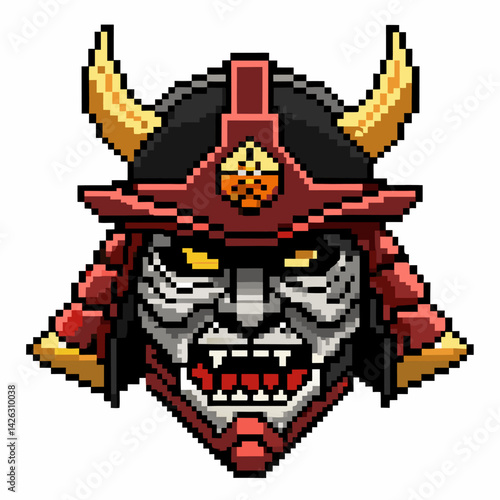 Fierce Samurai Warrior Mask in Retro Pixel Art Style
