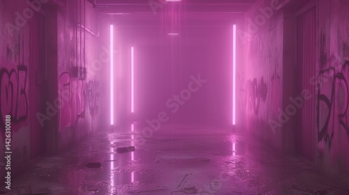 Mysterious neon-lit industrial corridor with pink lighting reflecting off wet floor creating a dystopian cyberpunk environment representing futuristic underground urban logistics network.