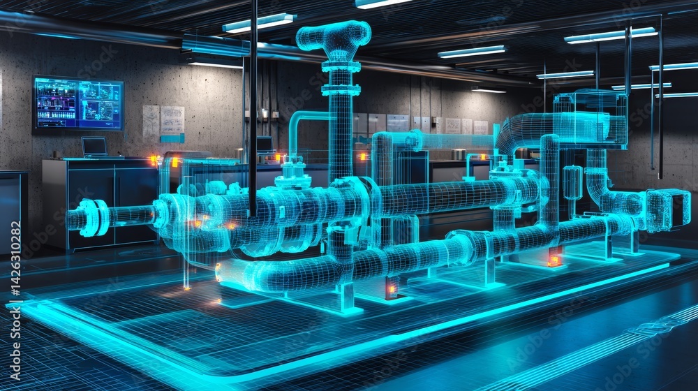 Futuristic control room featuring advanced holograms and engineering tools