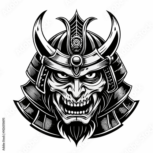Intricate Samurai Skull Illustration in Black and White  Art