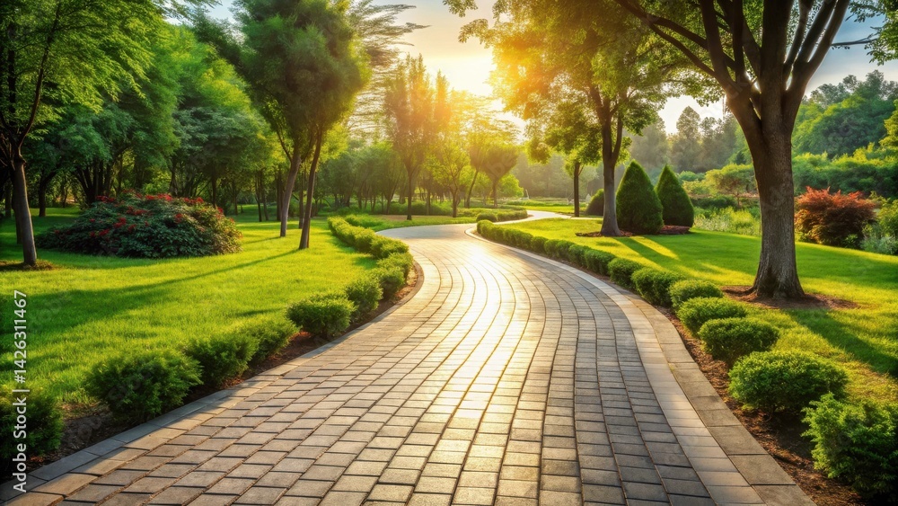 Obraz premium Serene Sunset Stroll A Winding Path Through a Lush, Green Park with Bright Sunlight Illuminating the Way