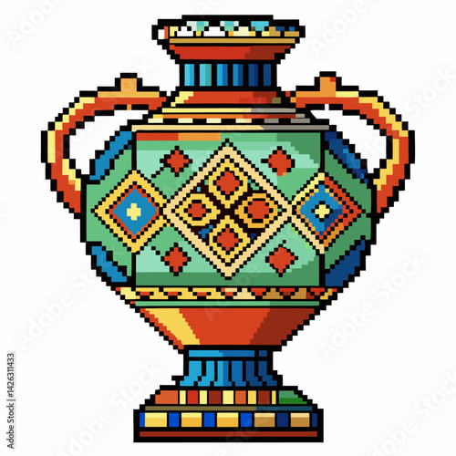 Vibrant Pixel Art Vase with Geometric Patterns and Mosaic Design