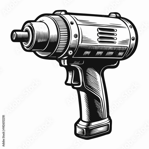 Vintage Impact Wrench Illustration Detailed Retro Tool Artwork for Mechanical Design